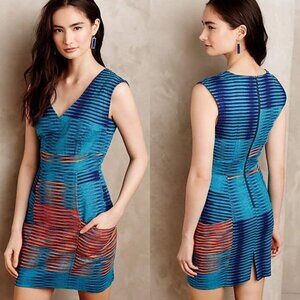 ANTHROPOLOGIE Tracy Reese Buena Vista Shift Dress V-Neck Red & Blue Stripes